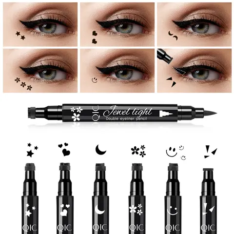 QIC Dual-Ended Graphic Eyeliner Pen - Smudge Resistant, Waterproof, Quick Dry, Long Wear, Anti-Drift, Defying Transfer, Fine Pointed, Star/Heart/Moon Stamps, Eye Makeup Cosmetic, Smudge Resistant Eyeliner, Dual Ended Eyeliner