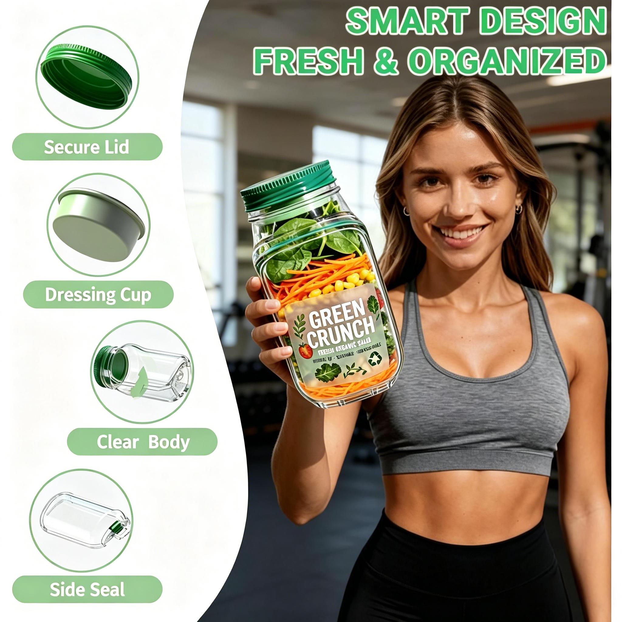 Salad Bottle Jar Side Open | Salad Jar Built-in 2.5 oz Dressing Container with Cover | Upgraded Leak-proof Portable Pod Jar | Microwave, Dishwasher & Freezer Safe, Reusable,Suitable for office workers