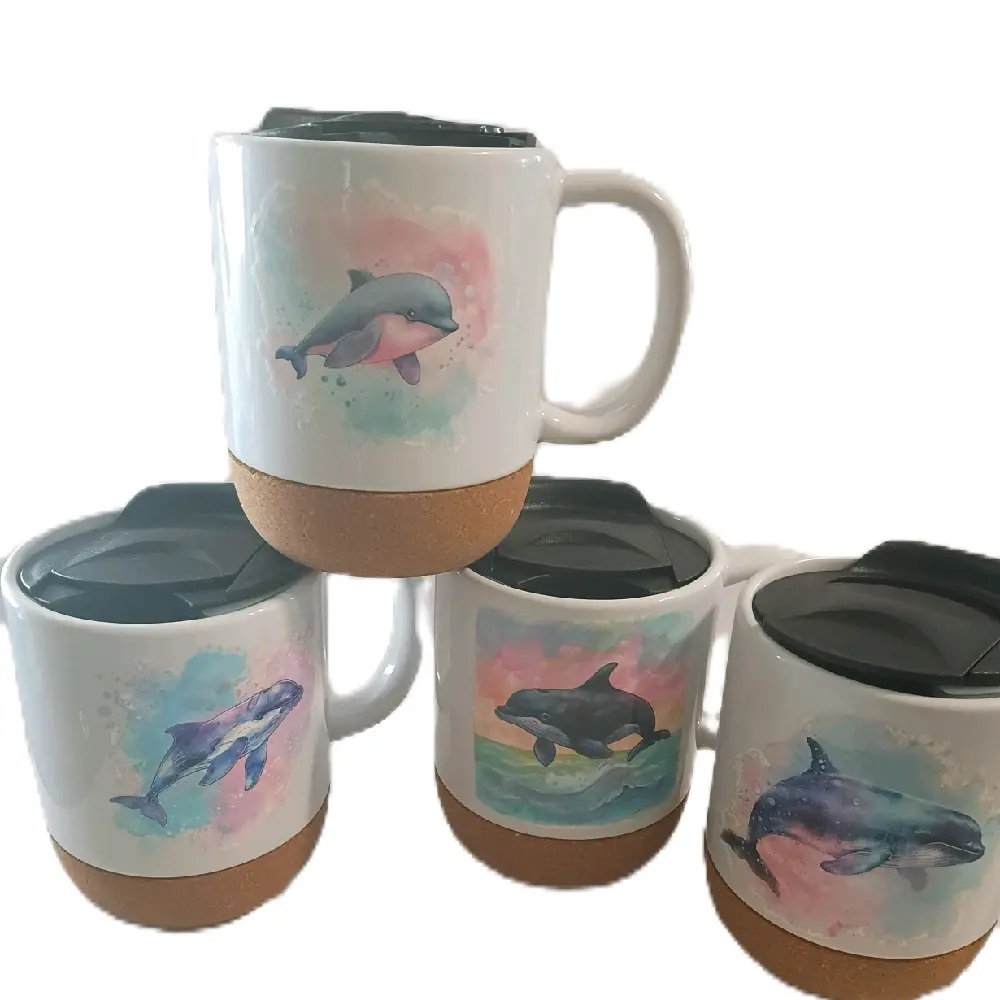 Dolphin Theme Ceramic Insulated Cup Set, 4-Piece 15oz Coffee Mugs, Kitchenware Drinkware Must Haves
