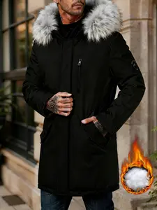 Men's Casual Loose Fit Warm Jacket Fashion Hooded Long Coat Autumn Winter Thick Parka for Men Beige PlainMenswear with Faux Fur Hood