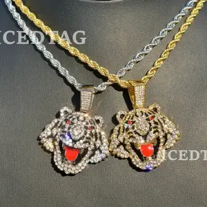 Men Iced Bling Out Hip Hop Tiger Head Pendant 24” Rooe Chain Neckalce Jewelry