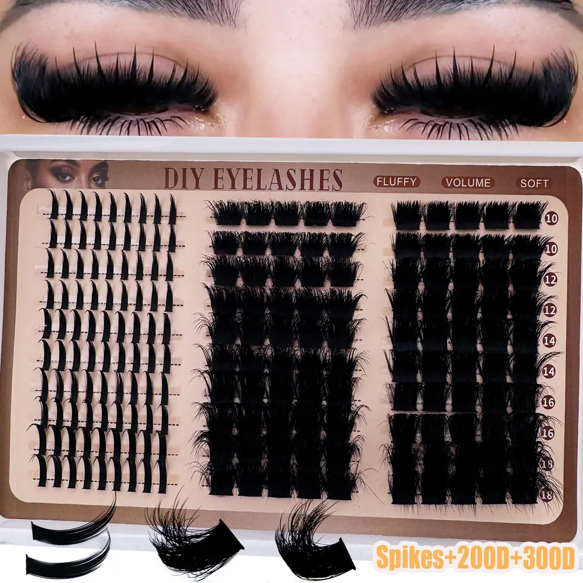 300D/200d160d/120D/100D/80D/60D Lash Clusters with Spikes and Bottom Lashes, 190-290 Pieces, Fluffy Volume D Curl Realistic Anime Mink Lashes