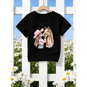 Girls' Equestrian Cowgirl Horse T-Shirt - Y2K Cute Cartoon Horse & girl print Short Sleeve Round Neck Summer Top -Family Tees Mothers Day Children's Day Gifts
