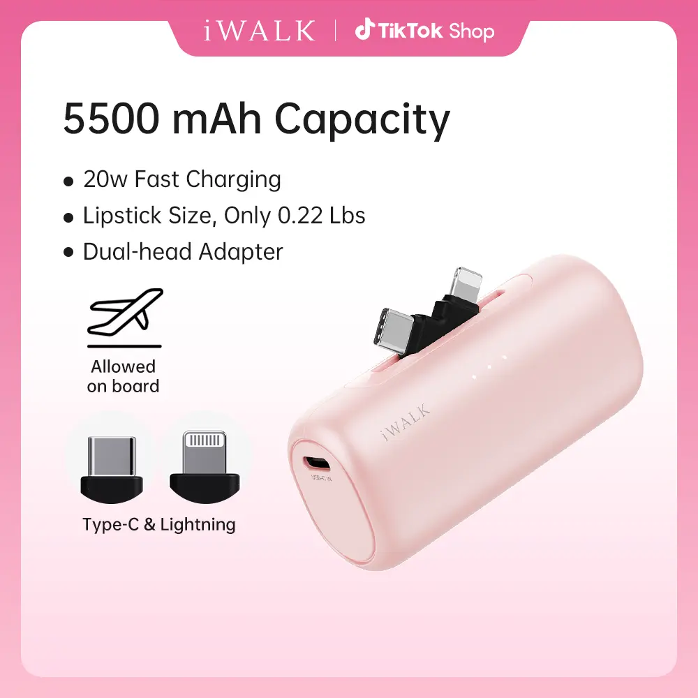iWALK LinkPod 5500mAh 2-in-1 Connector Portable Power Bank - Fast-Charging Dual-Port Electronic Phone Charger, 2-Way Charge for iPhone & Android, USB Battery Adapter, Compact Travel Gadget, Accessories for Outdoor Fun summerwins,summerwins,back to school