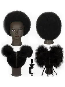 African Model Head 100% real Hair, Curly Beauty Mannequin, Human Model Head with Stand, Practice Braiding, Styling Training, Hairstyle Design