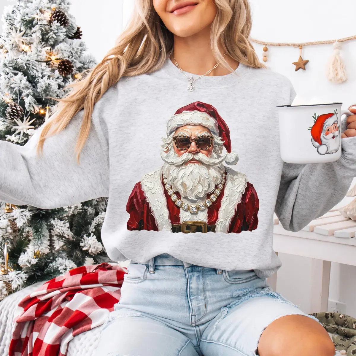 Glam Santa Bling Sweatshirt, Boujee Leopard Print Christmas Graphic, Cute Preppy Santa Sweater, Sparkle Holiday Apparel, Festive Gift