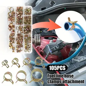105Pieces Metal Snap Grip Clamps Set, Spring Clips Hose Clamps Assortment, 7 Sizes 6/7/8/9/10/12/14 mm Automotive Fuel Oil Water Pipe Tube Fasteners Kit