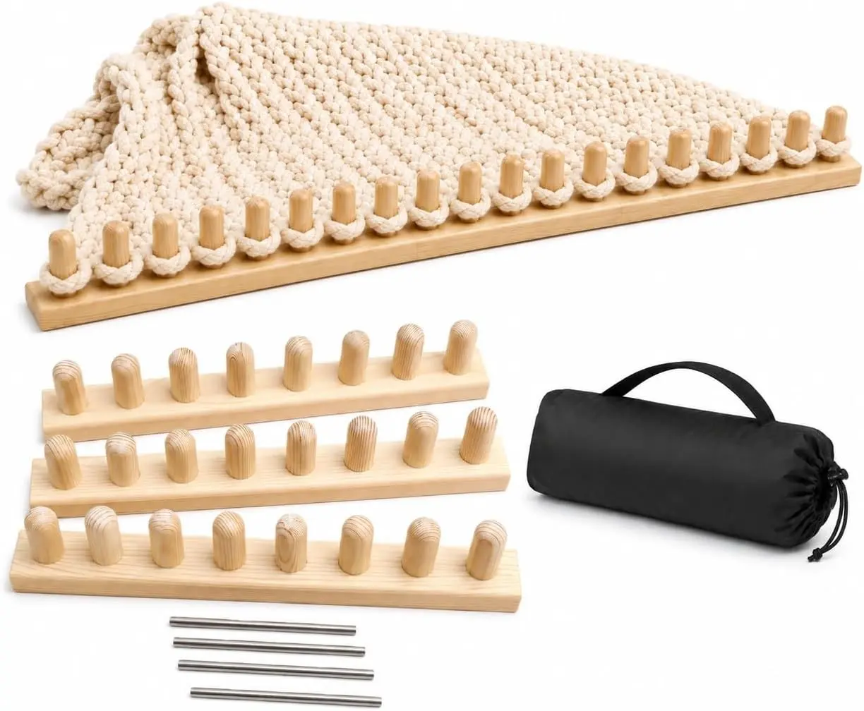 NYELOZIO 2026 Upgraded 48 Inch Chunky Blanket Loom Kit | Wood Hand Knitting Loom for Chunky Yarn | Snag-Free Edges | Stainless Steel Pins & Storage Bag | Beginner Friendly Craft Tool Gift
