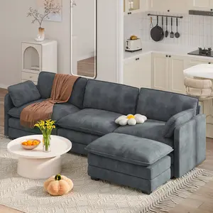 GIZOON 110.2"L Shaped Modern Sofa Modular Sectional Cloud Couch with Movable Ottoman 3-Seater Comfy Corduroy Deep Seat Sofa with 2 Pillows for Living Room Bedroom and Apartment Furniture Home Deco