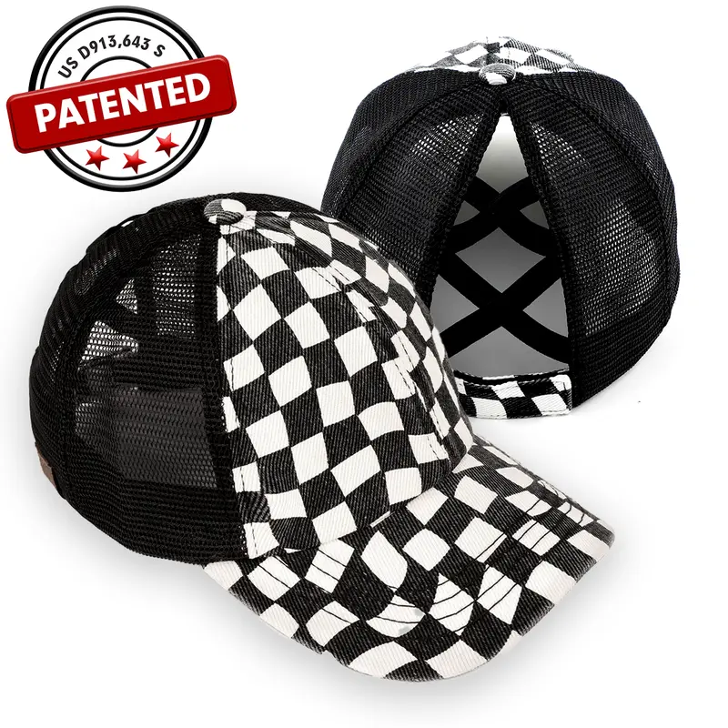 Summer Adjustable Checkered Mesh Ponytail Baseball Cap with Elastic Criss-Cross Back for Women