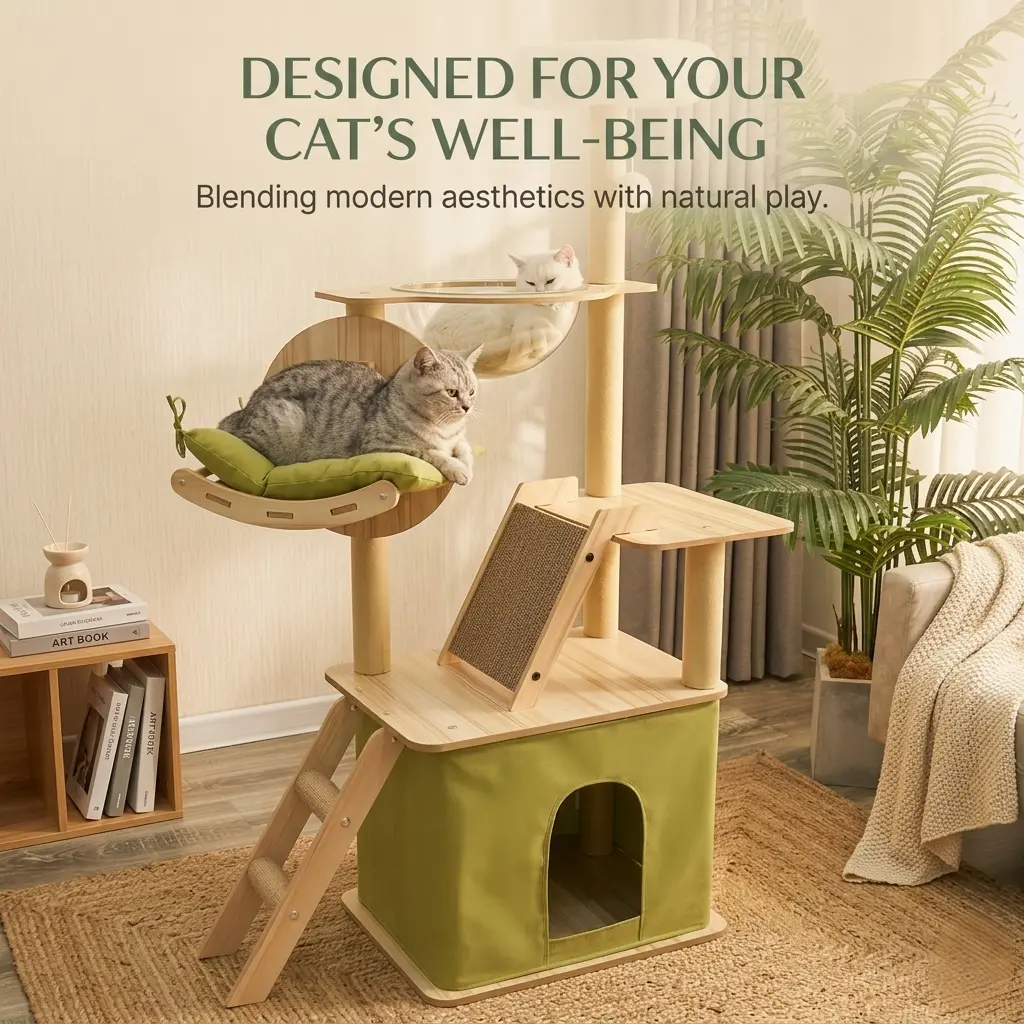 74.8in Tall Modern Multi-Level Wooden Cat Tree - Vertical Scratcher, Sisal Scratching Posts, Acrylic Pods, Padded Lounging Deck, Cozy Nap Bed, Space-Saving Indoor Cat Furniture, Comfortable for Naps, Encourages Natural Behaviors, Wood Frame