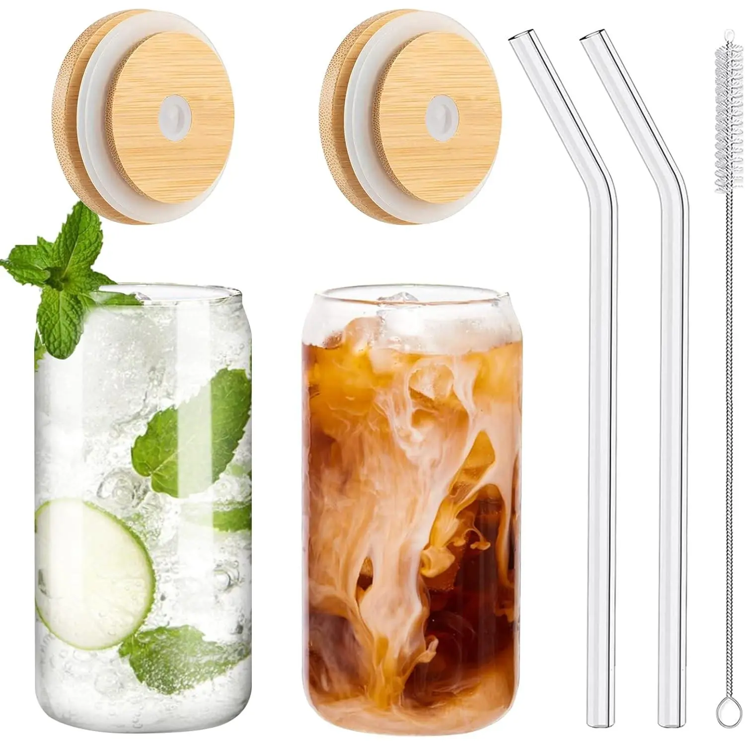 Drinking Glasses with Bamboo Lids and Glass Straw 2 count Set, 16oz Glass Cups with Lids and Straws, Beer, Iced Coffee Glasses, Soda, Gift 1 Cleaning Brushes