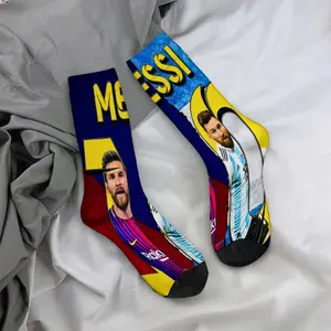 Mid-calf socks, Messi football superstar poster designs, celebrity merchandise, durable socks, unisex socks, a fan favorite, holiday gifts, birthday presents.