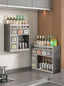 3 Tier Shelf No Drill Removable Steel Iron Shelf Wall Spice Rack Kitchen Organizer Household Items Spice Jars Hanging Organizers Ceramic Mount Metal Grey