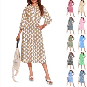 FMEYOA Womens Summer Boho Midi Dress Long Sleeve Casual Color Block Floral Beach Button Down Shirt Dress