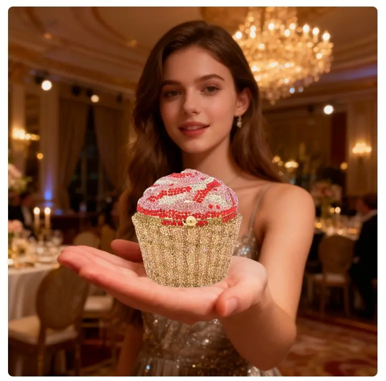 Cute Cupcake Rhinestone Clutch Diamond Crystal Purse Evening Bags for Women Party Wedding Cocktail Prom Sparkling Design