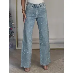 Zhangwu Women’s High-Waisted Straight Rhinestone Washed Blue Denim Long Pants for Streetwear and Slim Waist Look Jeans Women’s Wear