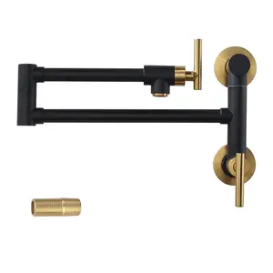 WOWOW Brass Wall Mounted Pot Filler Kitchen Faucet with Control Double Joint Swing Arm in Black and Gold