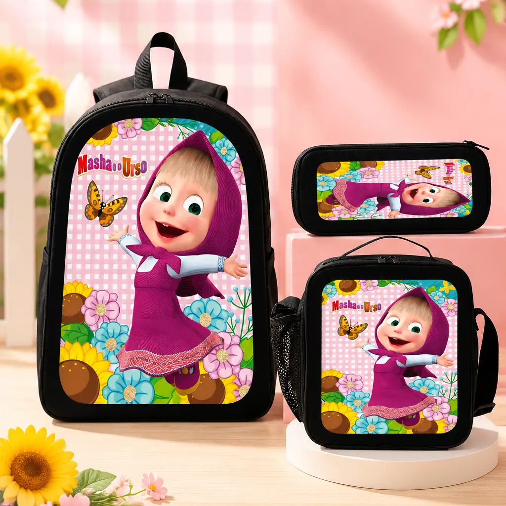 Masha and the Bear Cartoon Cute 3PCS Backpack Set Large Capacity School Bookbag with Lunch Box Pencil Case Lightweight Travel Daypack Gift for Boys Girls Kids Teens Back to School