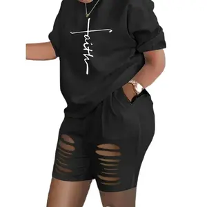 2025Plus Size Two-piece Set, Faith Print Crew Neck Short Sleeve Top & Ripped Pocket Shorts Outfits, Women's Clothing Suits White