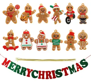 12PCS Christmas Gingerbread Man Ornaments for Christmas Tree Decorations with Merry Christmas Banner,Mini Gingerbread Hanging Charms Decorative,Hanging Charms for Christmas Tree(As Shown)