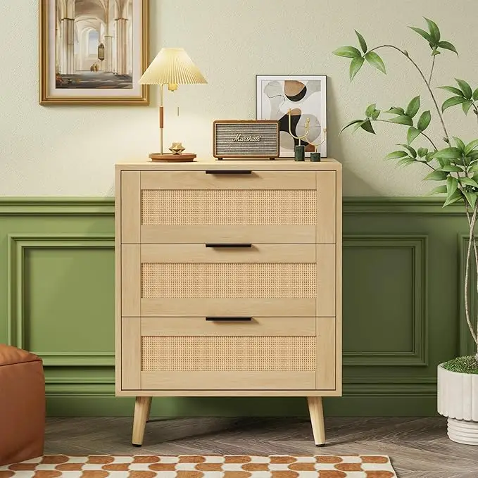 UEV Rattan Dresser, Dresser for Bedroom with 3 Drawers, Modern Chests of Drawers with Black Metal Handles, Wood Rattan Drawer Dresser Furniture Cabine