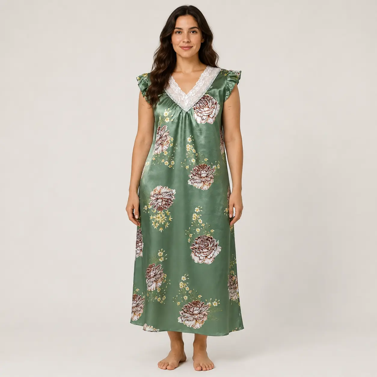 Women’s Plus Size Green Floral Satin Lace V-Neck Midi Nightgown Elegant Fabric