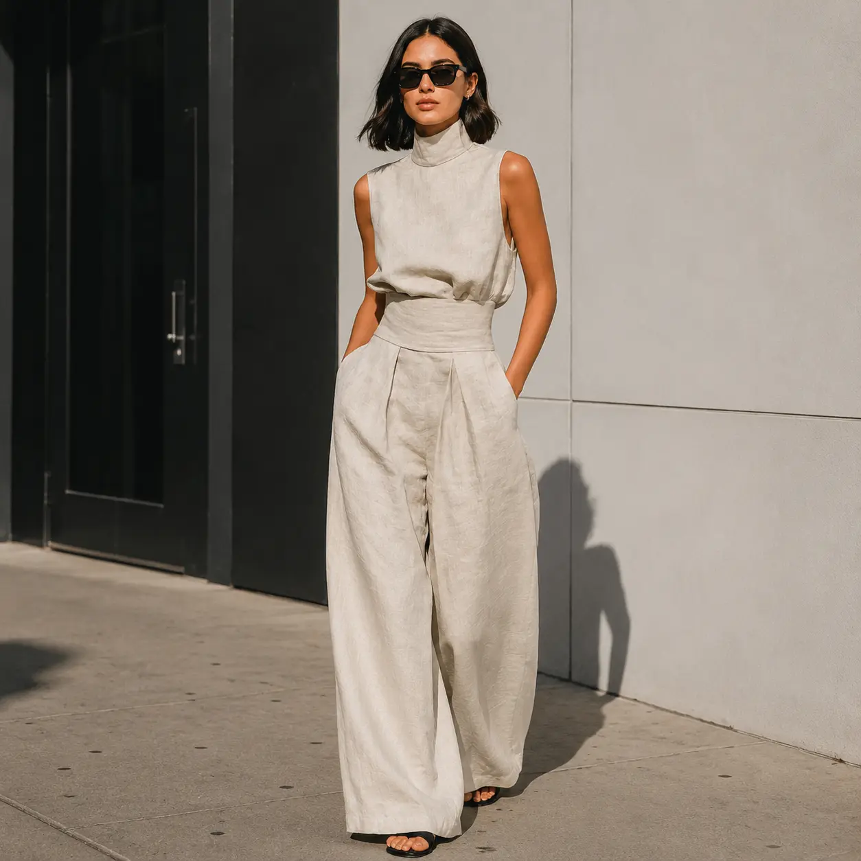 NEW! Two-Piece Elegant Set Chic Mock Neck Halter Top & High-Waisted Wide-Leg Pants, Solid Casual Suit, Minimal High Neck Sleeveless Top and Pants Set, Retro Boho Ruffle Sleeveless Top, Trendy Old Money Aesthetic Outfit for Summer （Size Up Recommended）