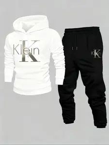 Men's Fall & Winter Fleece Lined Thick Casual Print Set, Hooded Sweatshirt + Workwear Pocket Pants, Slim Fit Warm Two-Piece Suit