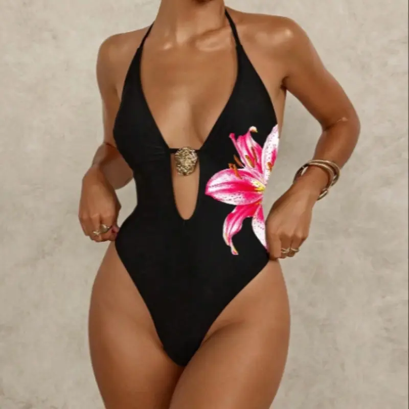 Floral Print One-Piece Swimsuit, Tropical Print Swimsuit, Backless Deep V Neck Swimwear, Elegant Women's Bathing Suit, Summer Beach Wear, Floral Swimsuit, Chic Swimwear, Flower Print Swimsuit