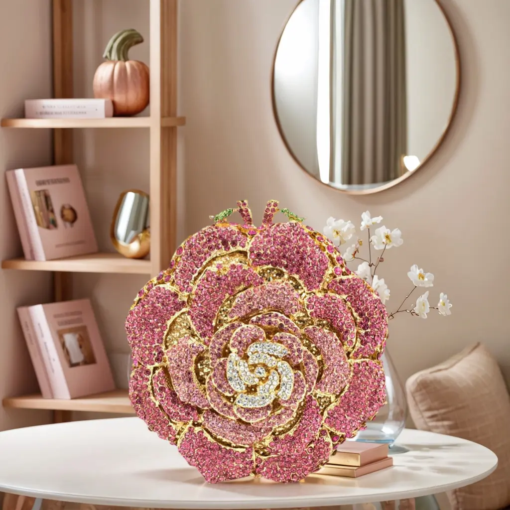 Women's Round Rose Flower Rhinestone Crossbody Clutch Bag - Elegant Crystal Handbag for Bride, Party, Prom, Crossbody Clutch Purse