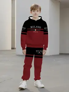 Colorblock Milano Hooded Set, 3D Italian Luxury Style Boys' Sweatshirt & Pants Two-Piece, Casual Slim Fit Spring & Fall