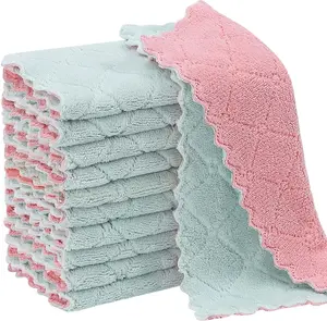11Pack Kitchen Dish Cloths, Reusable Dish Towels, Nonstick Oil Washable Fast Drying, Super Absorbent Coral Velvet Cleaning Cloths for Cleaning Tableware, Kitchen, Bathroom (Pink-green10 x 6")