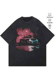 1pc Men's Vintage Drift Car Print Graphic Tee Grunge Style Soft Breathable Cotton Fabric Relaxed Fit Y2K Hip Hop Short Sleeve Shirt for Street Look