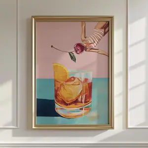 Retro Bar Poster: Girl Diving into Cocktail - Vintage Aesthetic Print for Home & Bar Unframed Room Decor