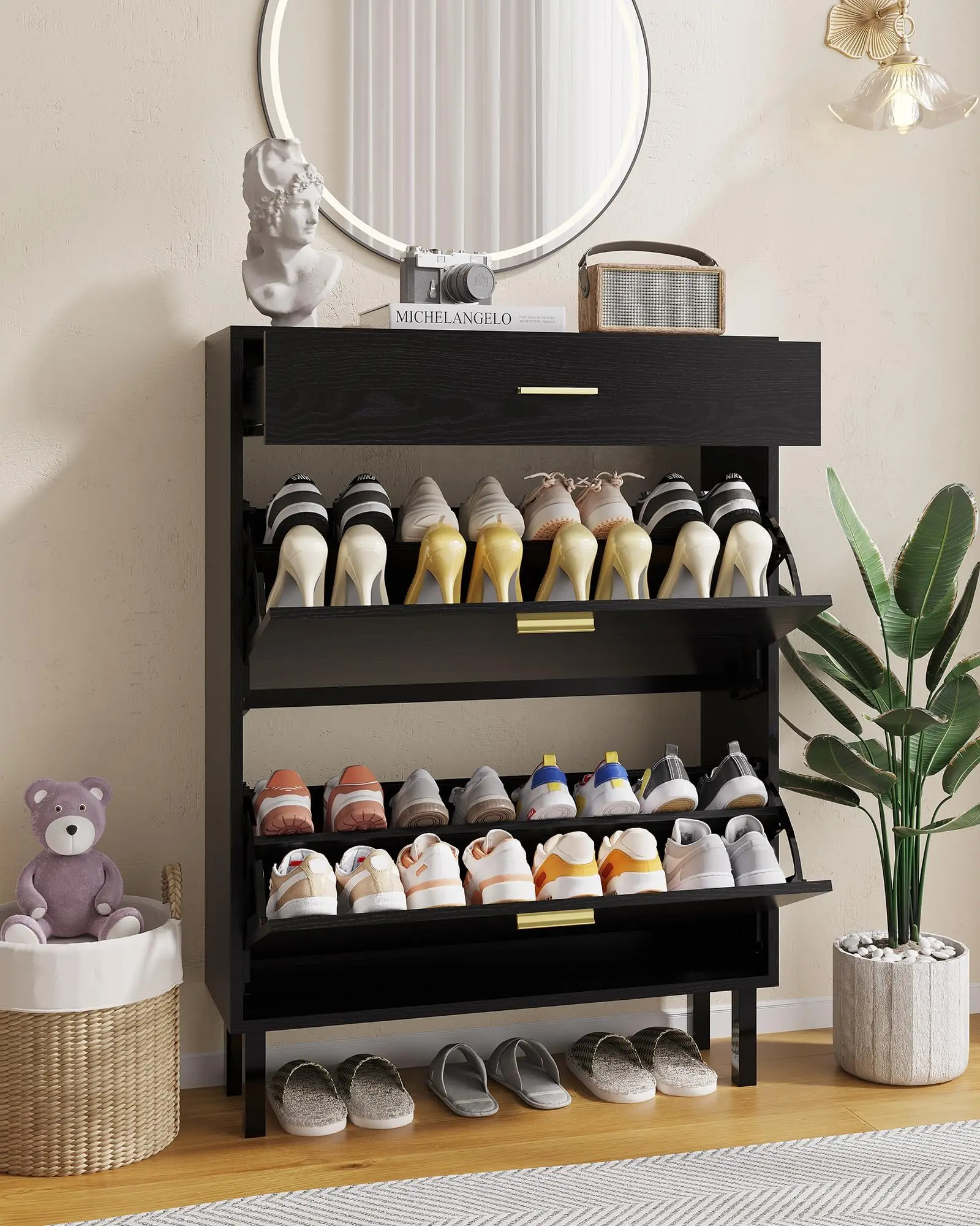 Garvee Shoe Cabinet with 2 Tilted Shelves and 1 Drawer, Wooden Shoe Cabinet with Metal Handles and Adjustable Shelves, Cabinet with Ventilation Holes, for Living Room and Hallway, 80 x 25 x 110 cm