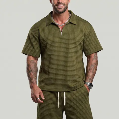 KZZ Men's 2-Piece Matching Outfits - Solid Color, Collared Neck, Loose-Fitting Short-Sleeve Tee & Shorts, Cozy Breathable Menswear for Summer Daily Casual Fashion