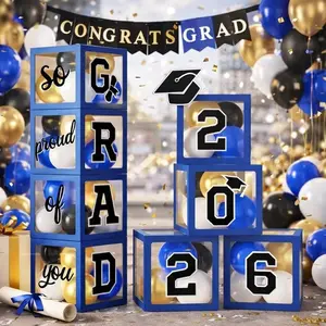 17pcs/set blue and black graduation season transparent balloon decoration boxes with mortarboard and letter cards, Graduation gift, suitable for summer graduation ceremonies, party arrangements, and backdrop decoration for social media moments
