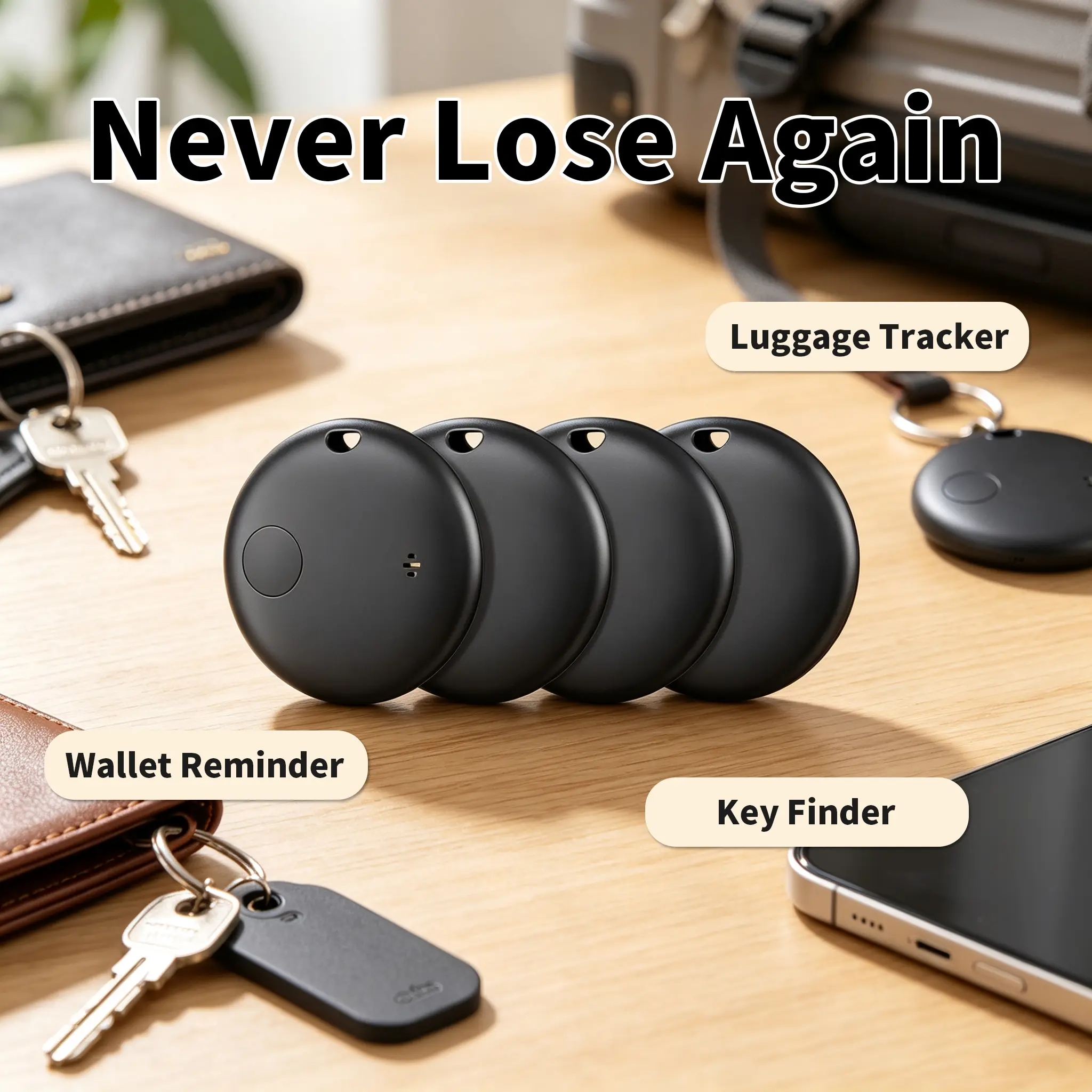 Back To School! Air Tracker Tags 4 Pack, Key Finder | Bluetooth Tracker Compatible with Apple Find My, Replaceable Battery Tracker for Keys, Luggage, Backpacks & Bags, KUKIHO