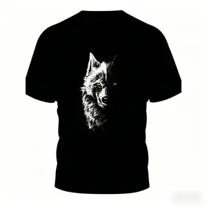 humor graphic tee 3D Wolf T-Shirt] Lightweight Polyester Blend Men's 3D Wolf Print T-Shirt  Black Casual Short Sleeve Summer Tee With Striking White &amp;   Gray Wolf Design For Outdoor Sports &amp;   Casual Attire