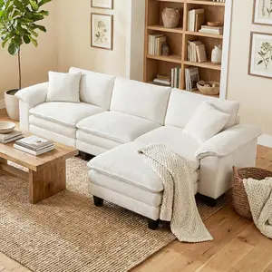 Beige L-shaped sectional sofa with deep seat cushion maintains shape after long sitting ideal for family leisure seating