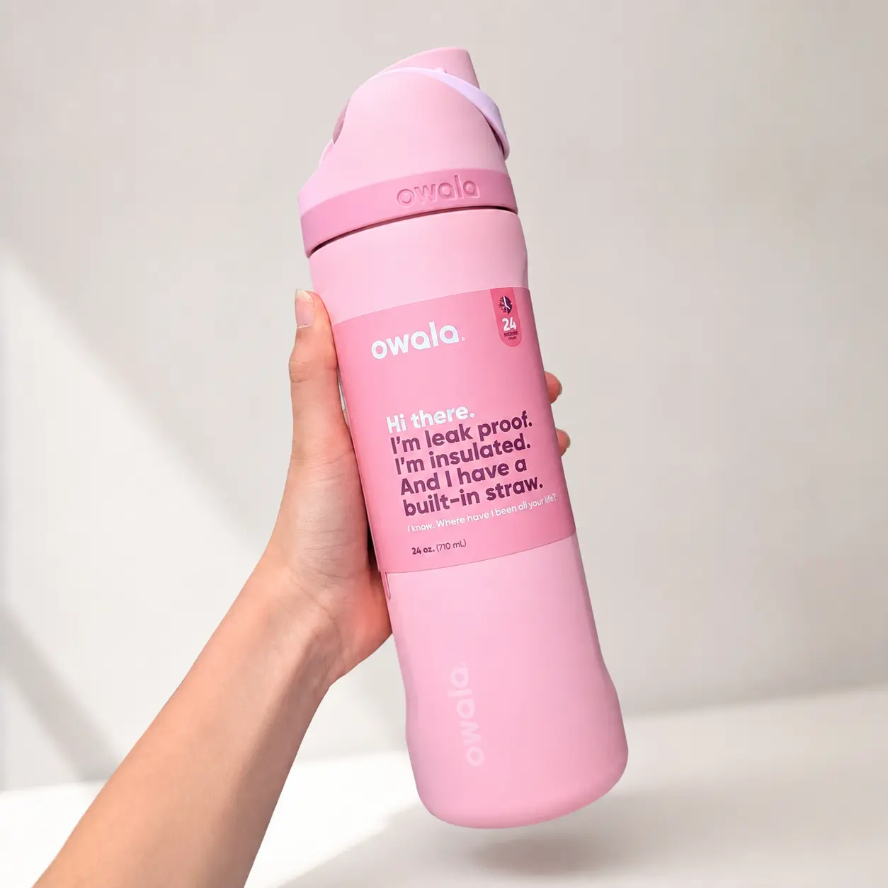 Owala FreeSip 24oz Insulated Stainless Steel Water Bottle, Pink, Leak-Proof with Built-In Straw