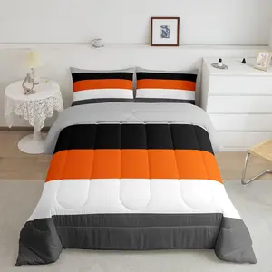 Feelyou Microfiber Bedding Set - Breathable All-Season Use Duvet Set with Patchwork Geometrics, Orange-Gray-Black and Light Gray-White Striped Comforter Insert, Breathable Duvet Set