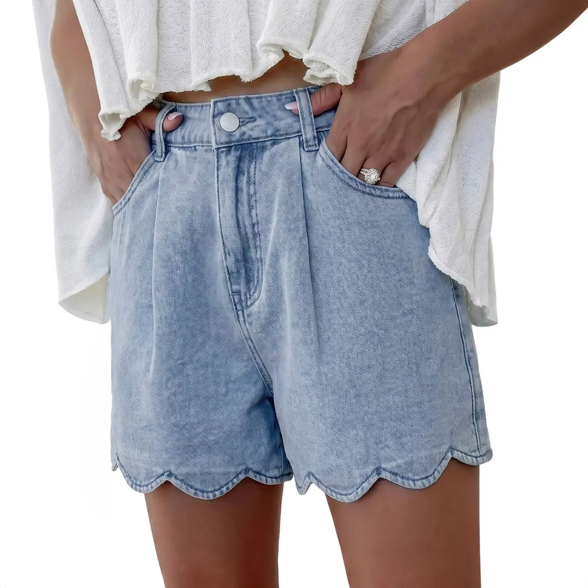Mntaor Women's High-Waisted Elastic Waist Myosotis Denim Shorts with Scalloped Hem - Womenswear Bottom for Summer Daily, Weekend Getaway