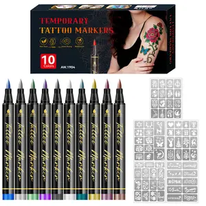 Temporary Tattoo Markers for Skin,10-Count Body Markers,with 5 Tattoo Stencil Papers,Bright colors, Face Paint Kit Cosmetic Quality,Christmas gifts