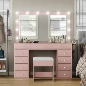CollaredEagle Vanity Desk With Illuminated Mirror & Power Outlet,Makeup Vanity With 12 USB Power LED Lights, 11 Drawers Vanity Table With Chair, Tempered Glass Top, Dressing Table For Bedroom,Dressing Room