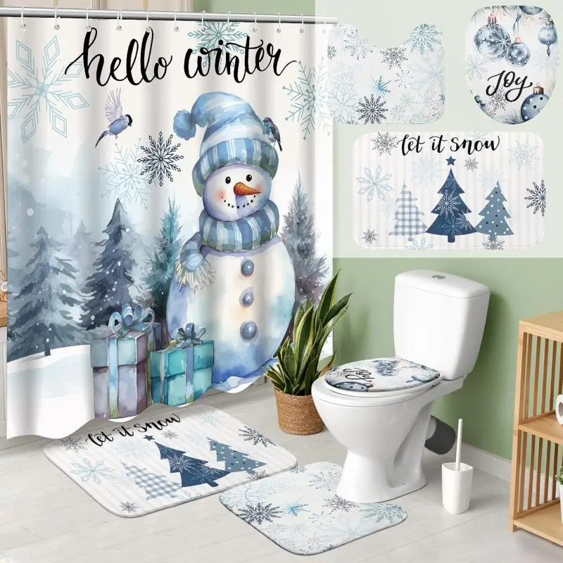 1/4pcs Christmas Snowman Decorative Shower Curtain Set, Modern Home Decor with Toilet Floor Mat & 12 Hooks, Perfect Housewarming Gift