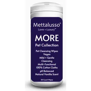 Mettalusso More Vegan Pet Cleansing Wipes, 100% Cotton Cloths with Natural Vanilla Scent, pH Balanced, 30 Count Gentle Grooming for Kittens & All Ages Dogs/Cats