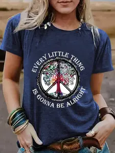 Women's Peace Sign Print Round Neck Fitted T-Shirt, Casual Vacation Short Sleeve Top, Daily Comfort, Elegant Design, Soft Fabric Tee
