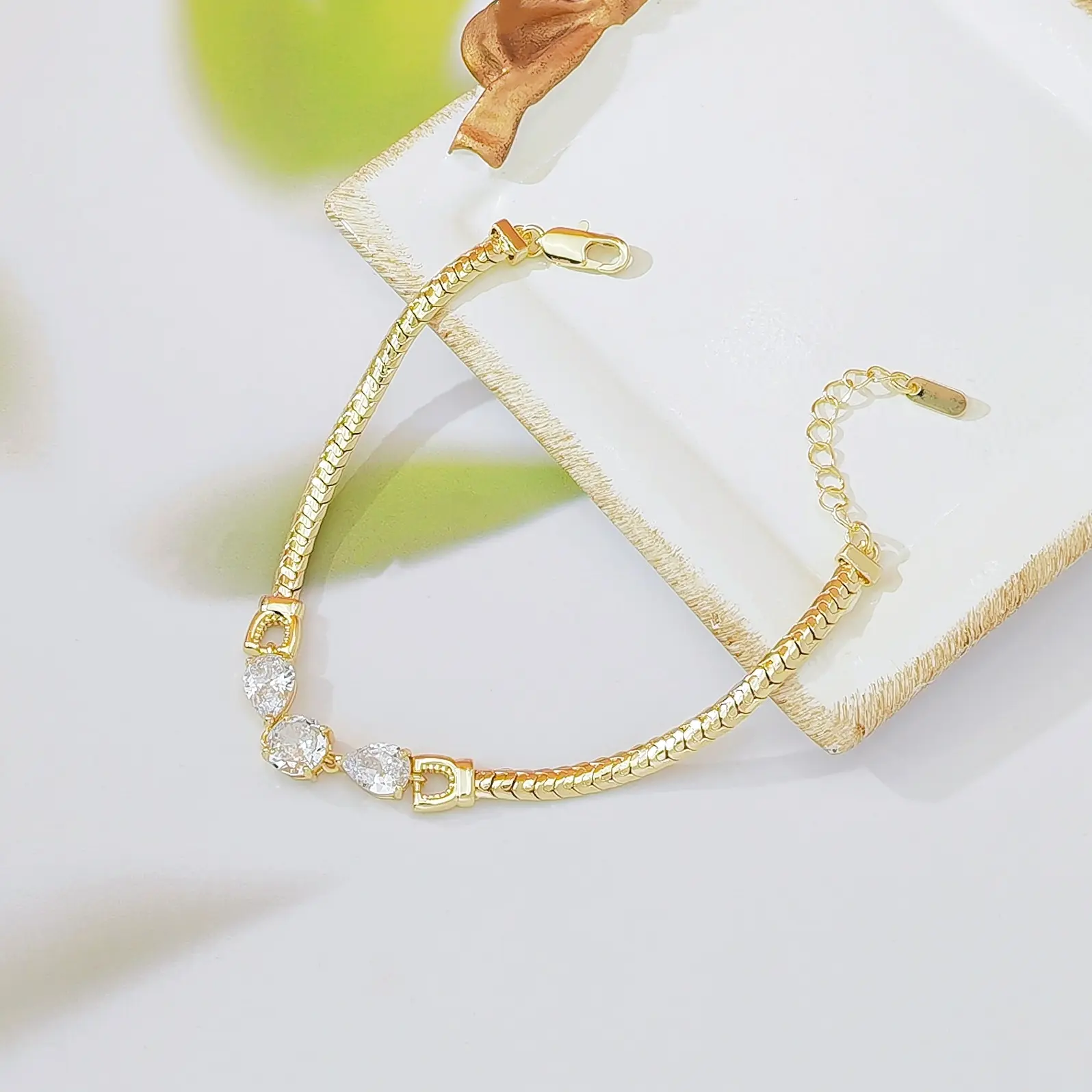 18K Gold Plated Teardrop Cubic Zirconia Tennis Bracelet for Women, Herringbone Chain Adjustable Bracelet, Hypoallergenic Dainty Jewelry for Daily & Party Wear
